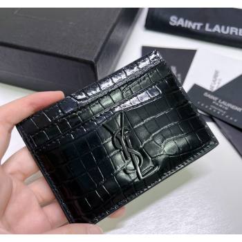 Saint Laurent Crocodile Embossed Leather Card Holder 423291 All Black 2024 (nana-240417059)