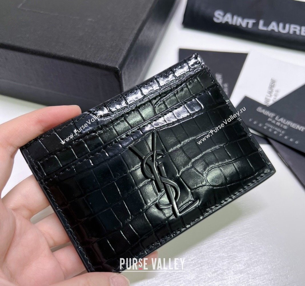 Saint Laurent Crocodile Embossed Leather Card Holder 423291 All Black 2024 (nana-240417059)