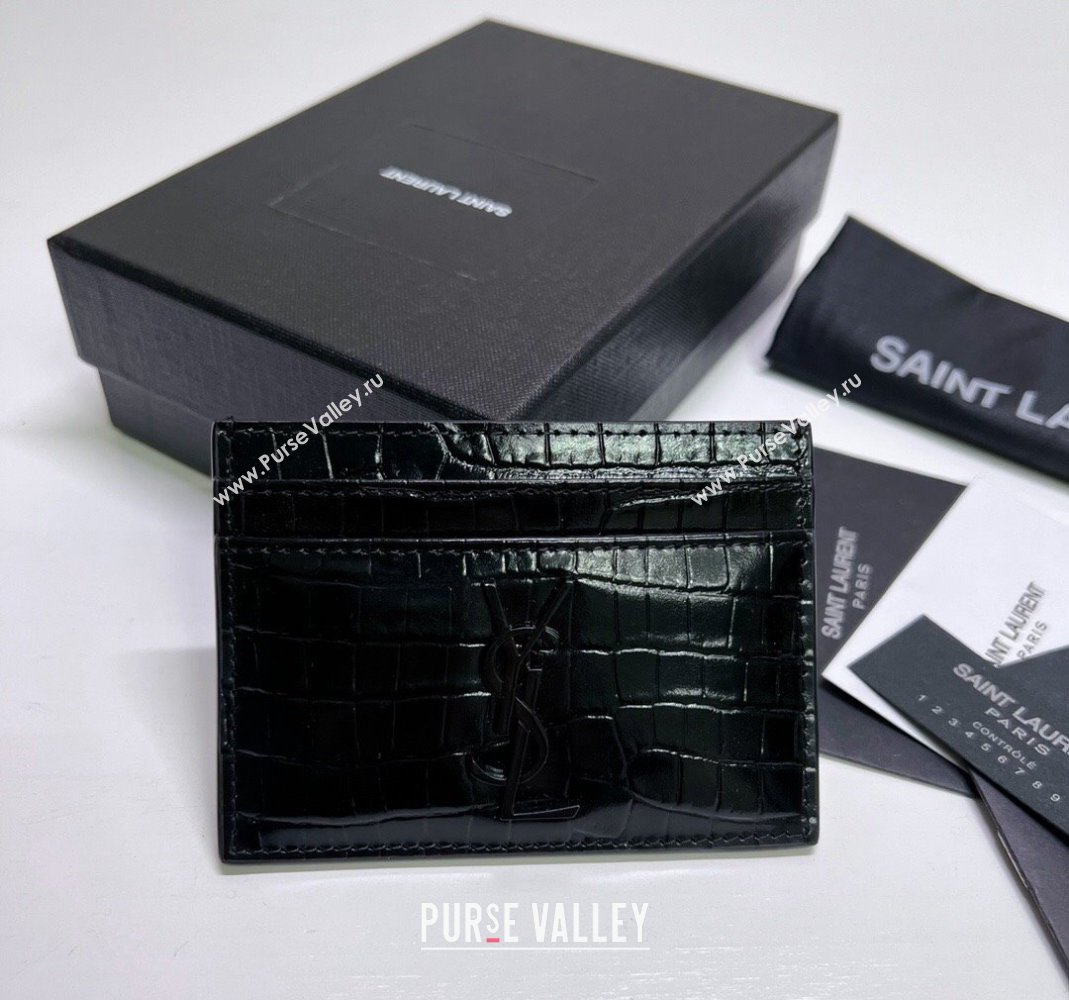 Saint Laurent Crocodile Embossed Leather Card Holder 423291 All Black 2024 (nana-240417059)