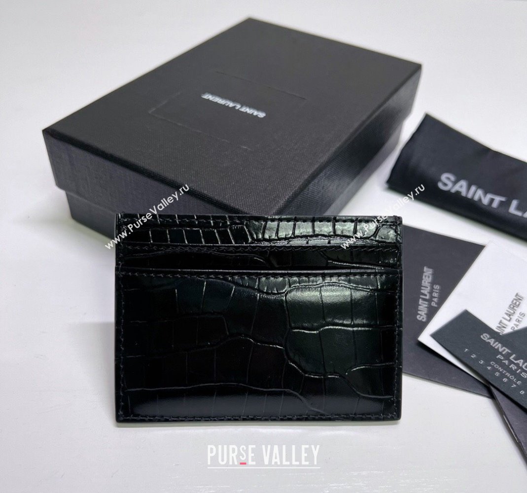 Saint Laurent Crocodile Embossed Leather Card Holder 423291 All Black 2024 (nana-240417059)