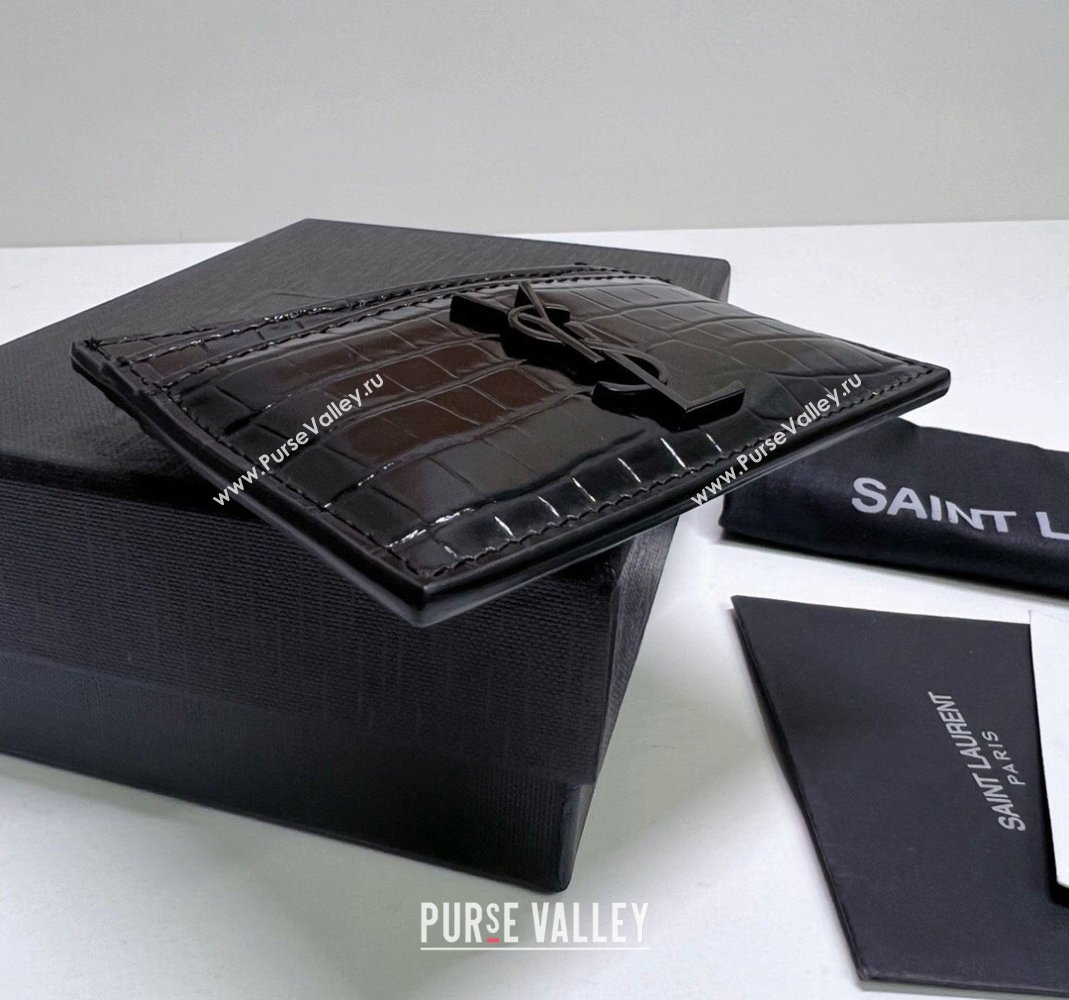 Saint Laurent Crocodile Embossed Leather Card Holder 423291 All Black 2024 (nana-240417059)