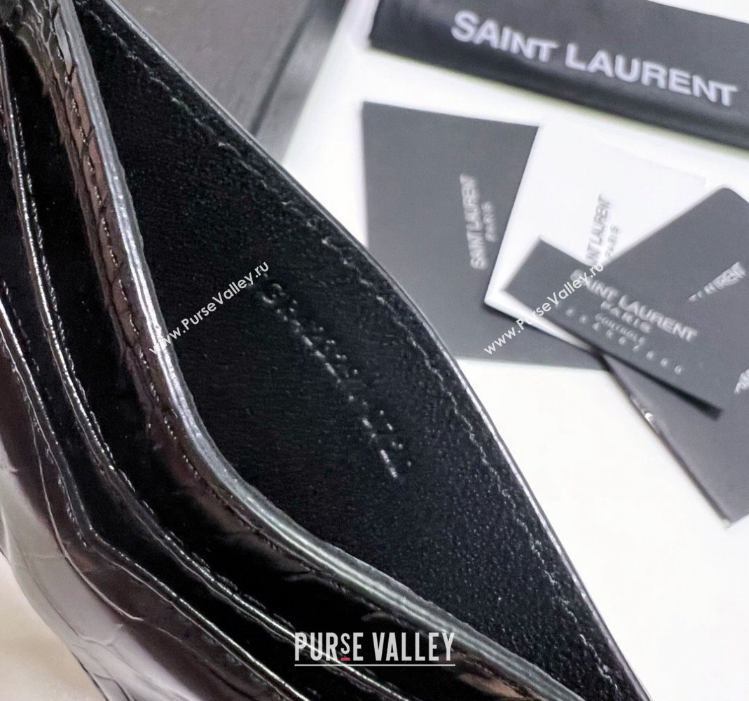 Saint Laurent Crocodile Embossed Leather Card Holder 423291 All Black 2024 (nana-240417059)