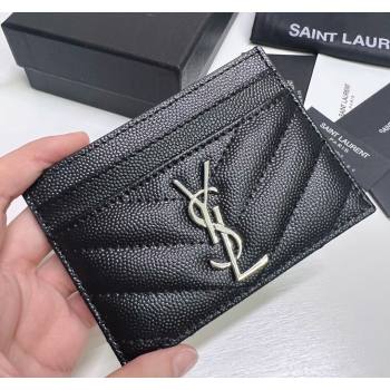 Saint Laurent Grained Leather Card Holder 423291 Black/Silver 2024 (nana-240417060)