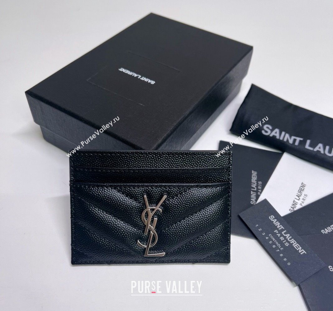 Saint Laurent Grained Leather Card Holder 423291 Black/Silver 2024 (nana-240417060)