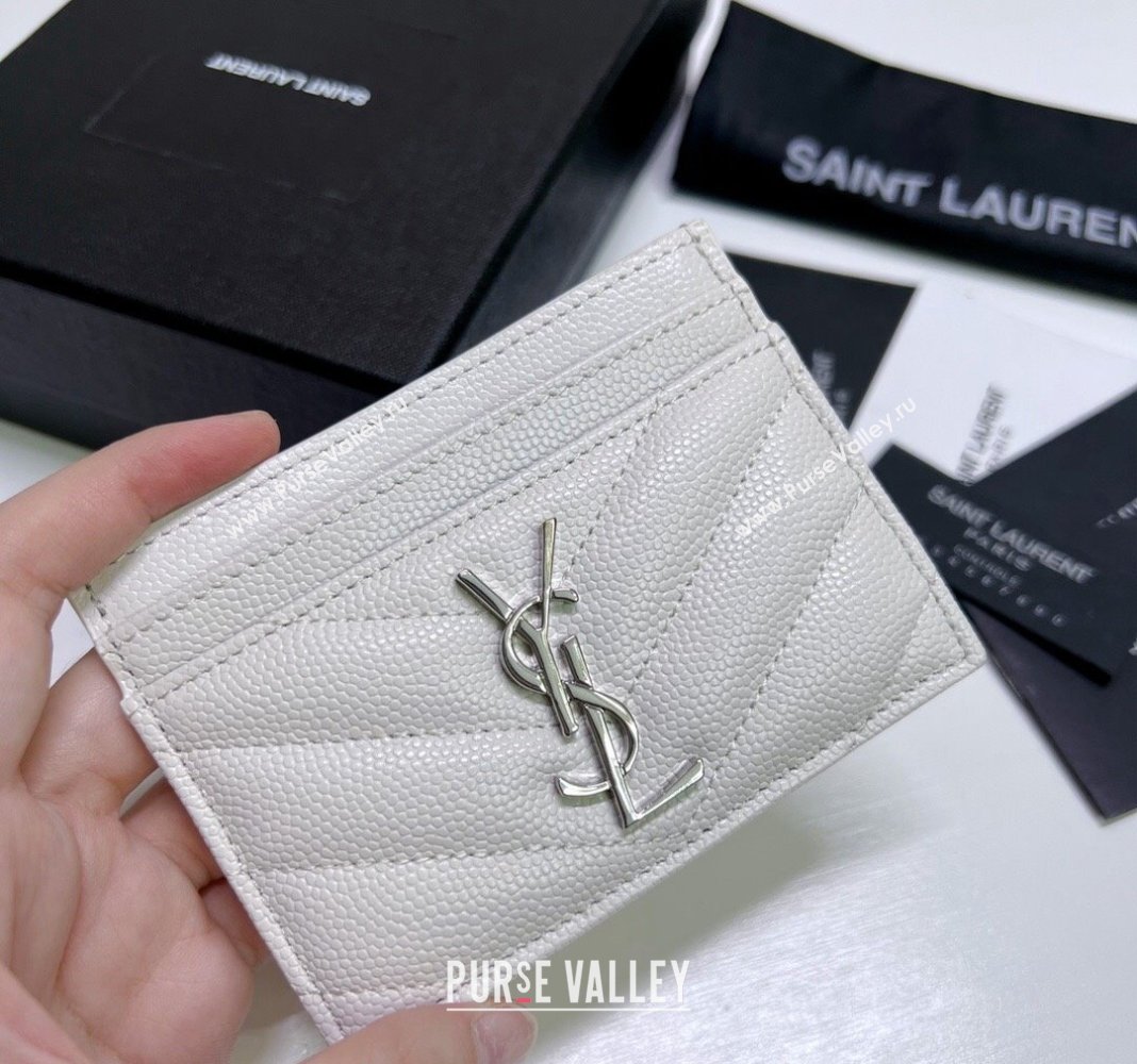 Saint Laurent Grained Leather Card Holder 423291 Snow White/Silver 2024 (nana-240417064)