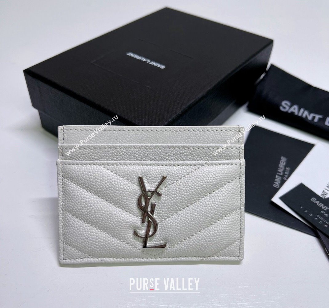 Saint Laurent Grained Leather Card Holder 423291 Snow White/Silver 2024 (nana-240417064)