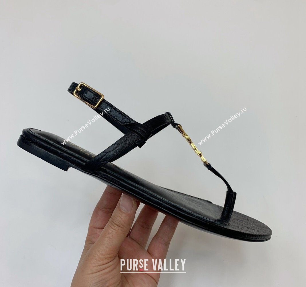 Saint Laurent YSL Flat Thong Sandals in Black Stone Embossed Leather 2024 0506 (MD-240506119)