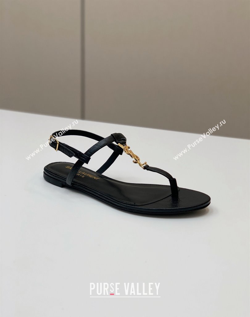 Saint Laurent YSL Flat Thong Sandals in Black Stone Embossed Leather 2024 0506 (MD-240506119)