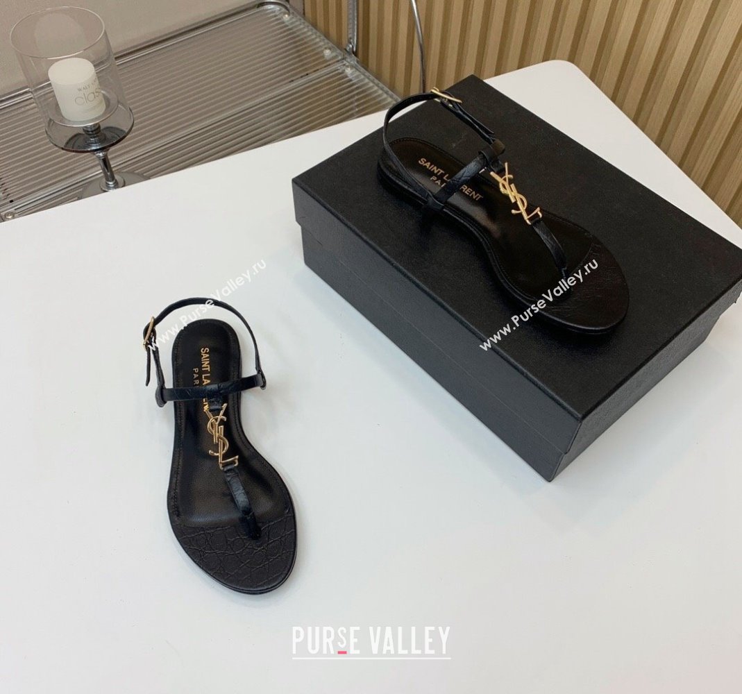 Saint Laurent YSL Flat Thong Sandals in Black Stone Embossed Leather 2024 0506 (MD-240506119)