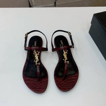 Saint Laurent YSL Flat Thong Sandals in Burgundy Stone Embossed Leather 2024 0506 (MD-240506121)