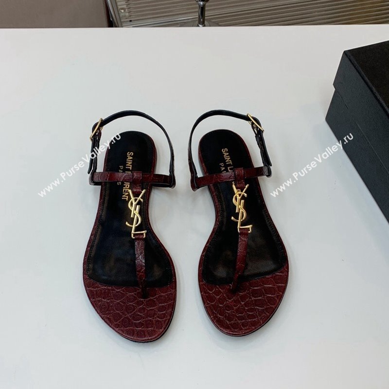 Saint Laurent YSL Flat Thong Sandals in Burgundy Stone Embossed Leather 2024 0506 (MD-240506121)