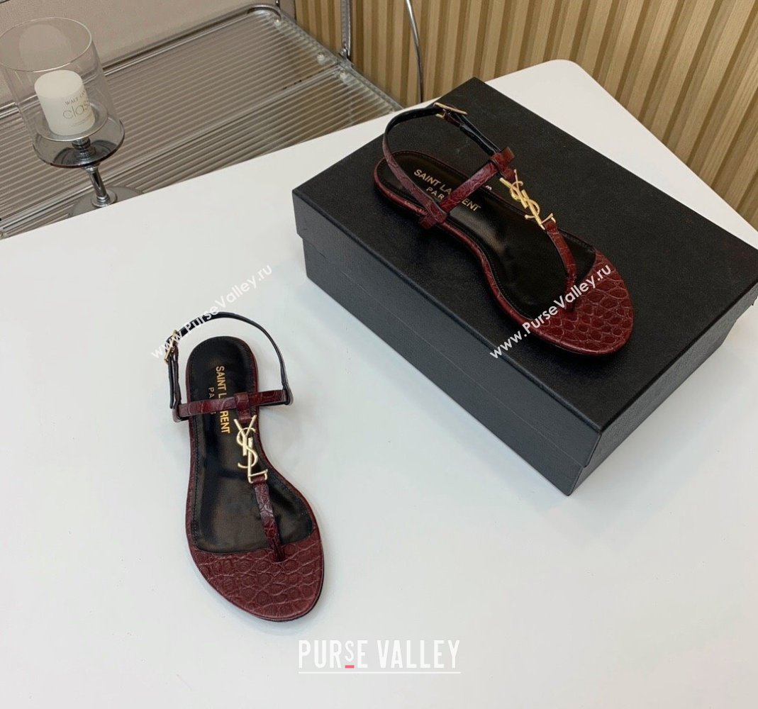 Saint Laurent YSL Flat Thong Sandals in Burgundy Stone Embossed Leather 2024 0506 (MD-240506121)