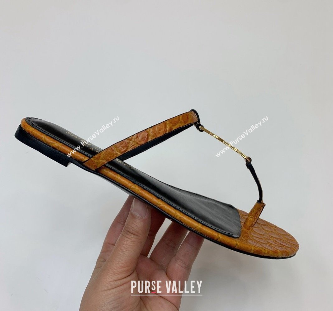 Saint Laurent YSL Flat Thong Slide Sandals in Brown Stone Embossed Leather 2024 0505 (MD-240506123)