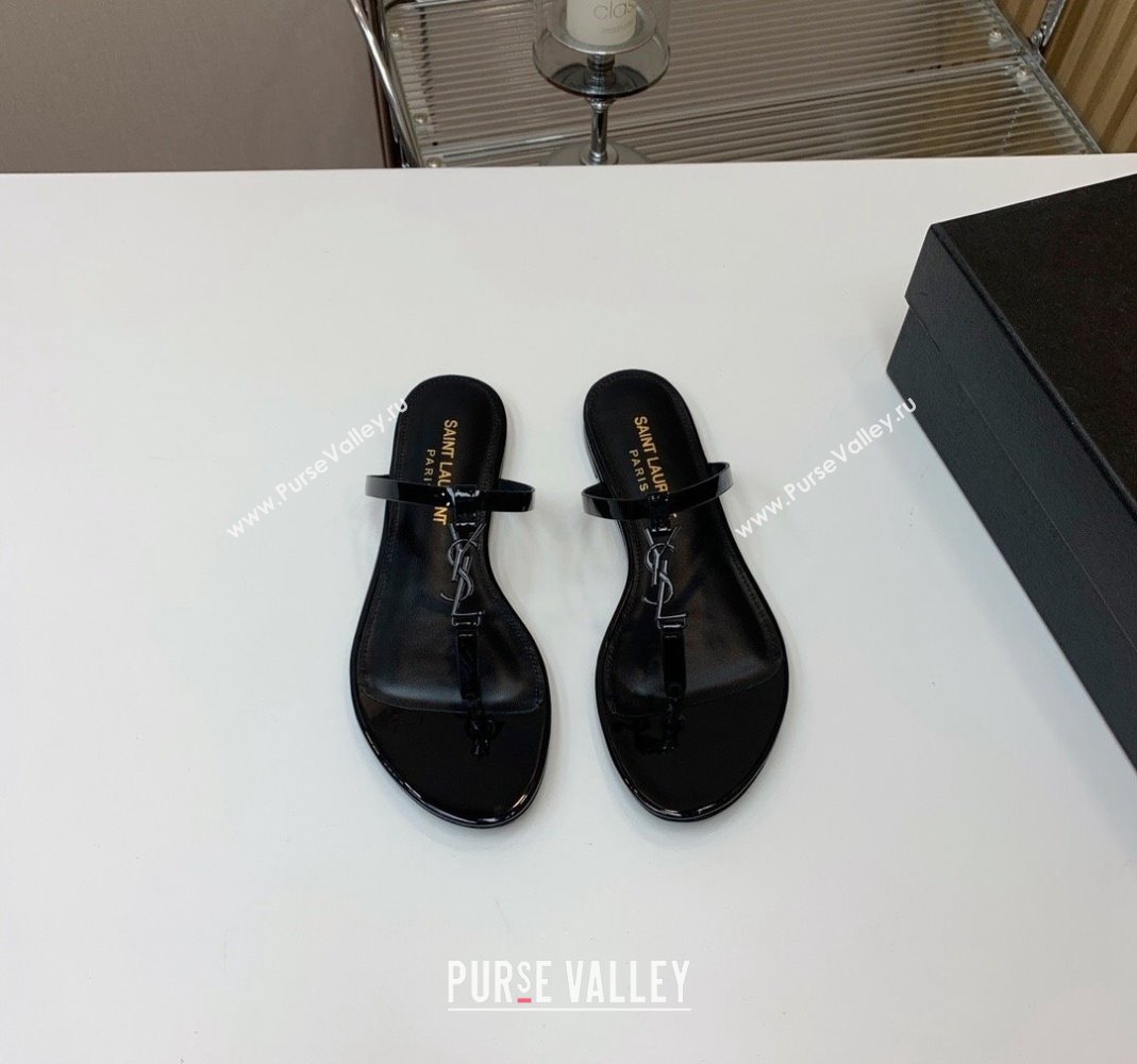Saint Laurent YSL Flat Thong Slide Sandals in Patent Leather All Black 2024 0505 (MD-240506125)