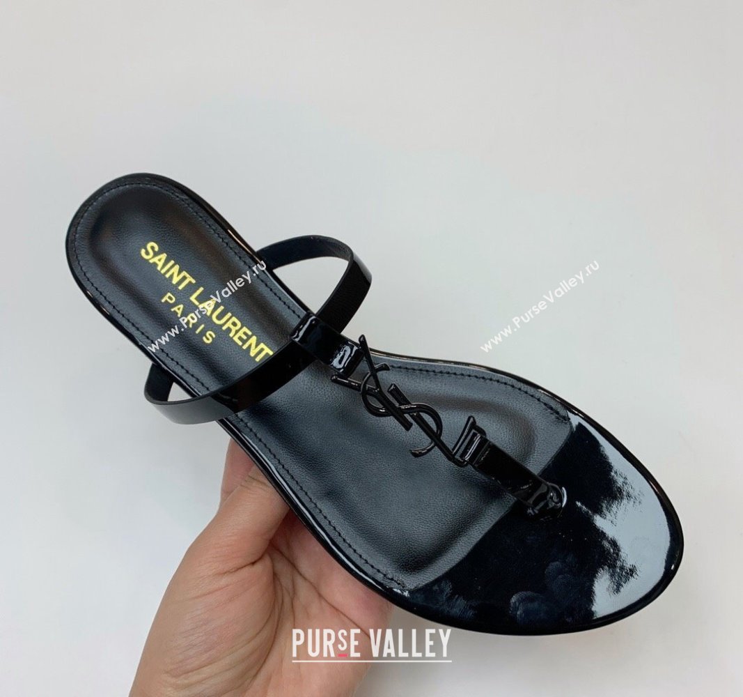 Saint Laurent YSL Flat Thong Slide Sandals in Patent Leather All Black 2024 0505 (MD-240506125)