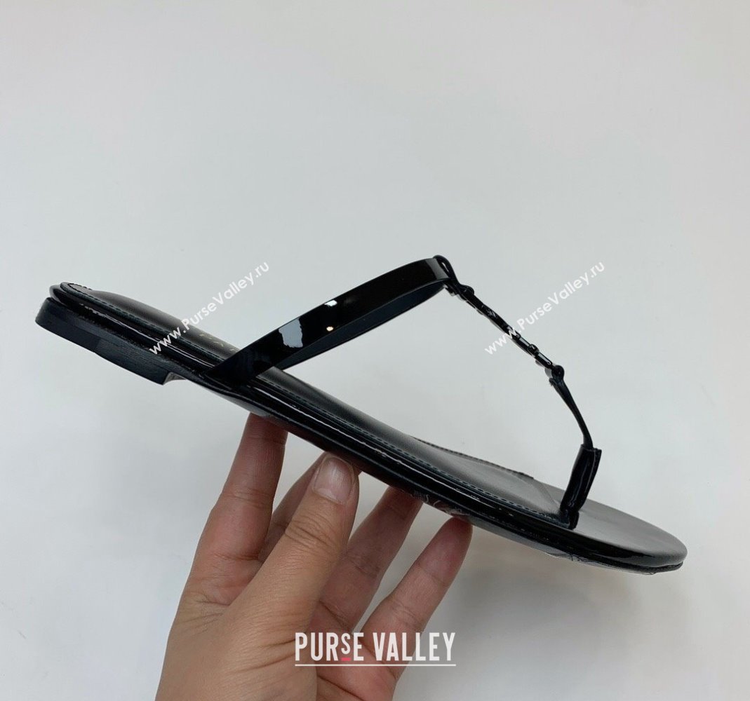 Saint Laurent YSL Flat Thong Slide Sandals in Patent Leather All Black 2024 0505 (MD-240506125)