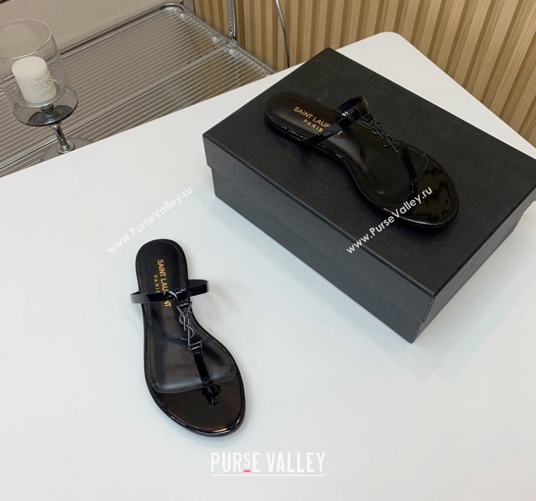 Saint Laurent YSL Flat Thong Slide Sandals in Patent Leather All Black 2024 0505 (MD-240506125)