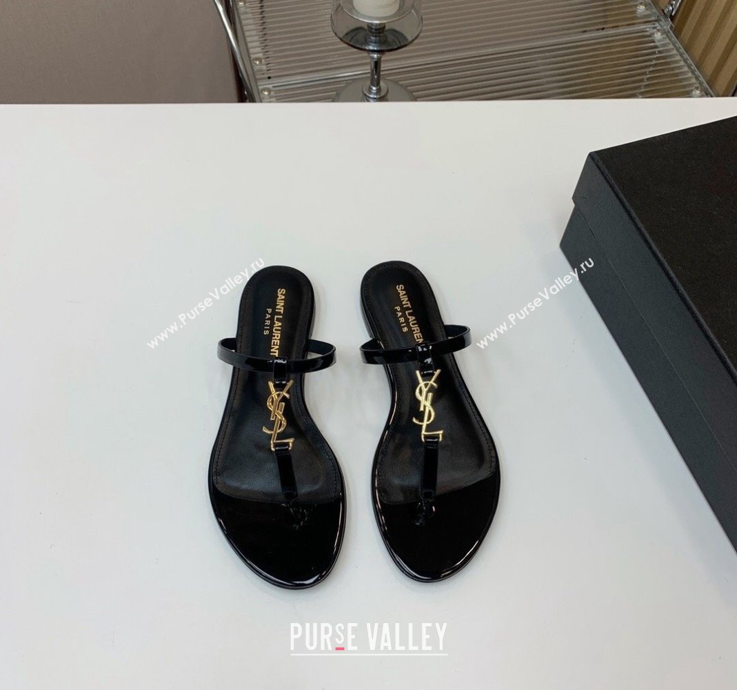 Saint Laurent YSL Flat Thong Slide Sandals in Patent Leather Black/Gold 2024 0505 (MD-240506126)