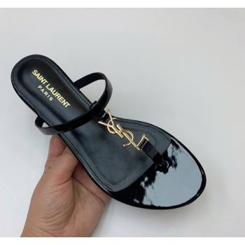 Saint Laurent YSL Flat Thong Slide Sandals in Patent Leather Black/Gold 2024 0505 (MD-240506126)