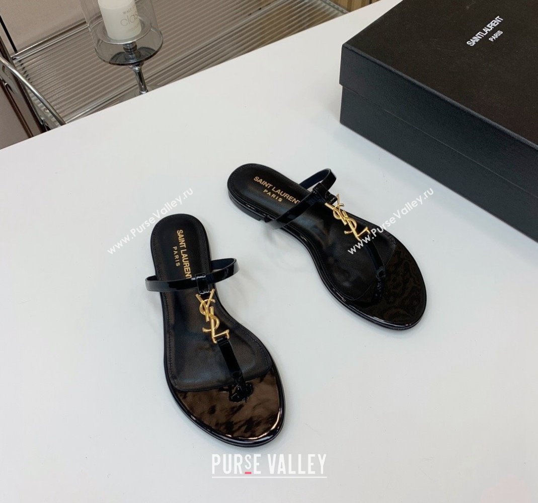 Saint Laurent YSL Flat Thong Slide Sandals in Patent Leather Black/Gold 2024 0505 (MD-240506126)