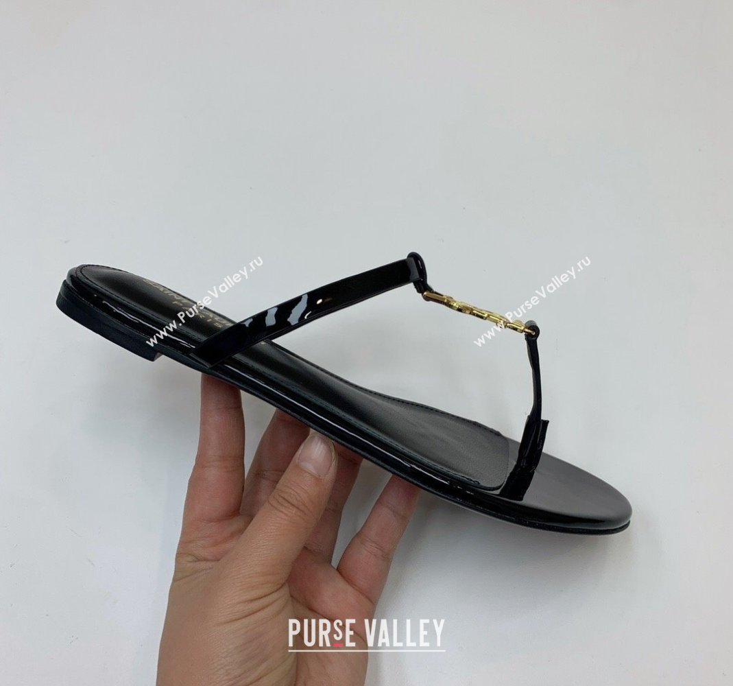 Saint Laurent YSL Flat Thong Slide Sandals in Patent Leather Black/Gold 2024 0505 (MD-240506126)