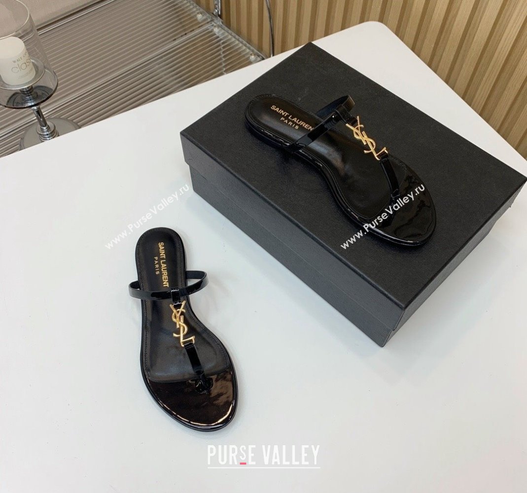Saint Laurent YSL Flat Thong Slide Sandals in Patent Leather Black/Gold 2024 0505 (MD-240506126)