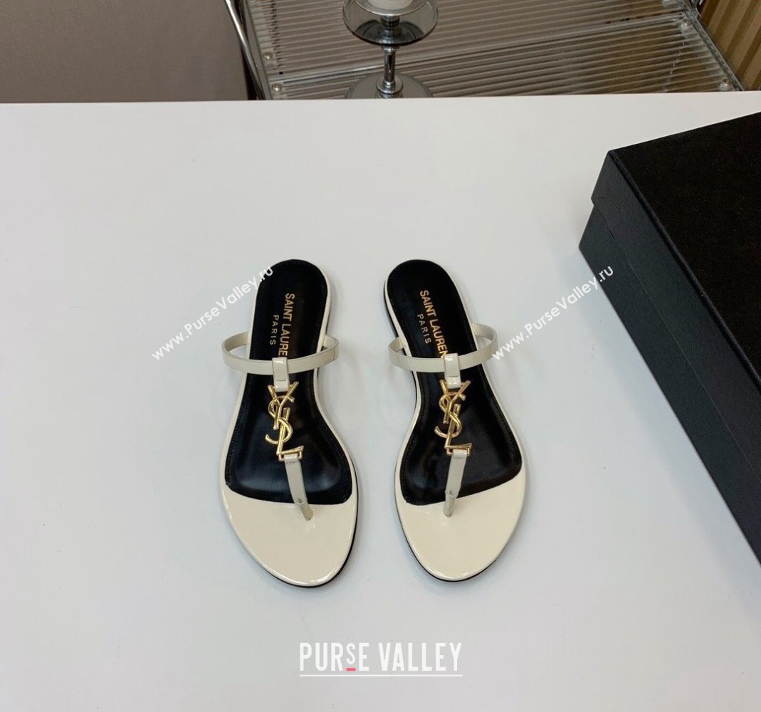 Saint Laurent YSL Flat Thong Slide Sandals in Patent Leather White 2024 0505 (MD-240506127)