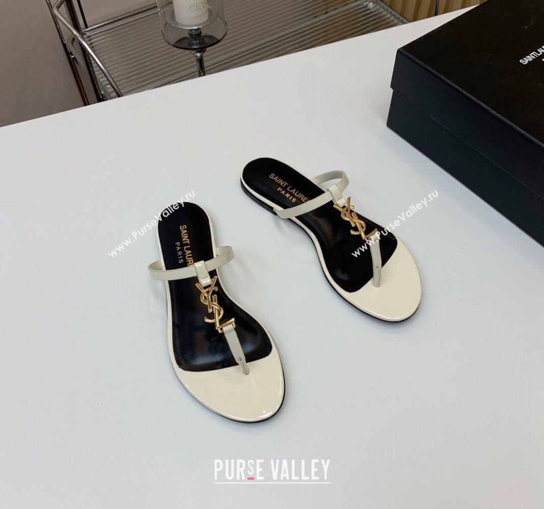 Saint Laurent YSL Flat Thong Slide Sandals in Patent Leather White 2024 0505 (MD-240506127)