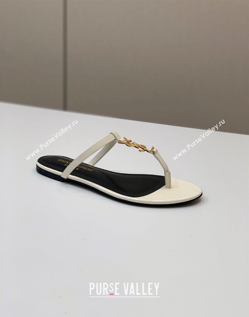 Saint Laurent YSL Flat Thong Slide Sandals in Patent Leather White 2024 0505 (MD-240506127)
