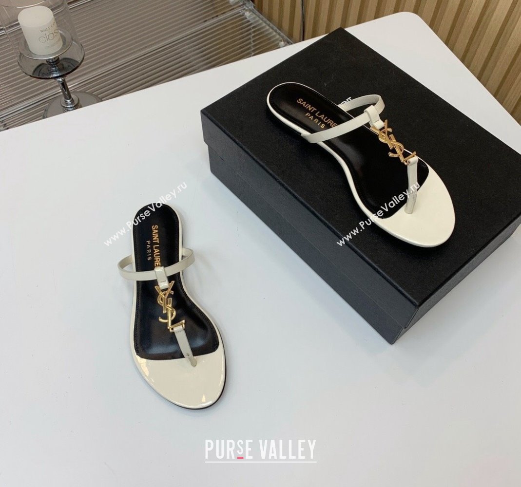 Saint Laurent YSL Flat Thong Slide Sandals in Patent Leather White 2024 0505 (MD-240506127)