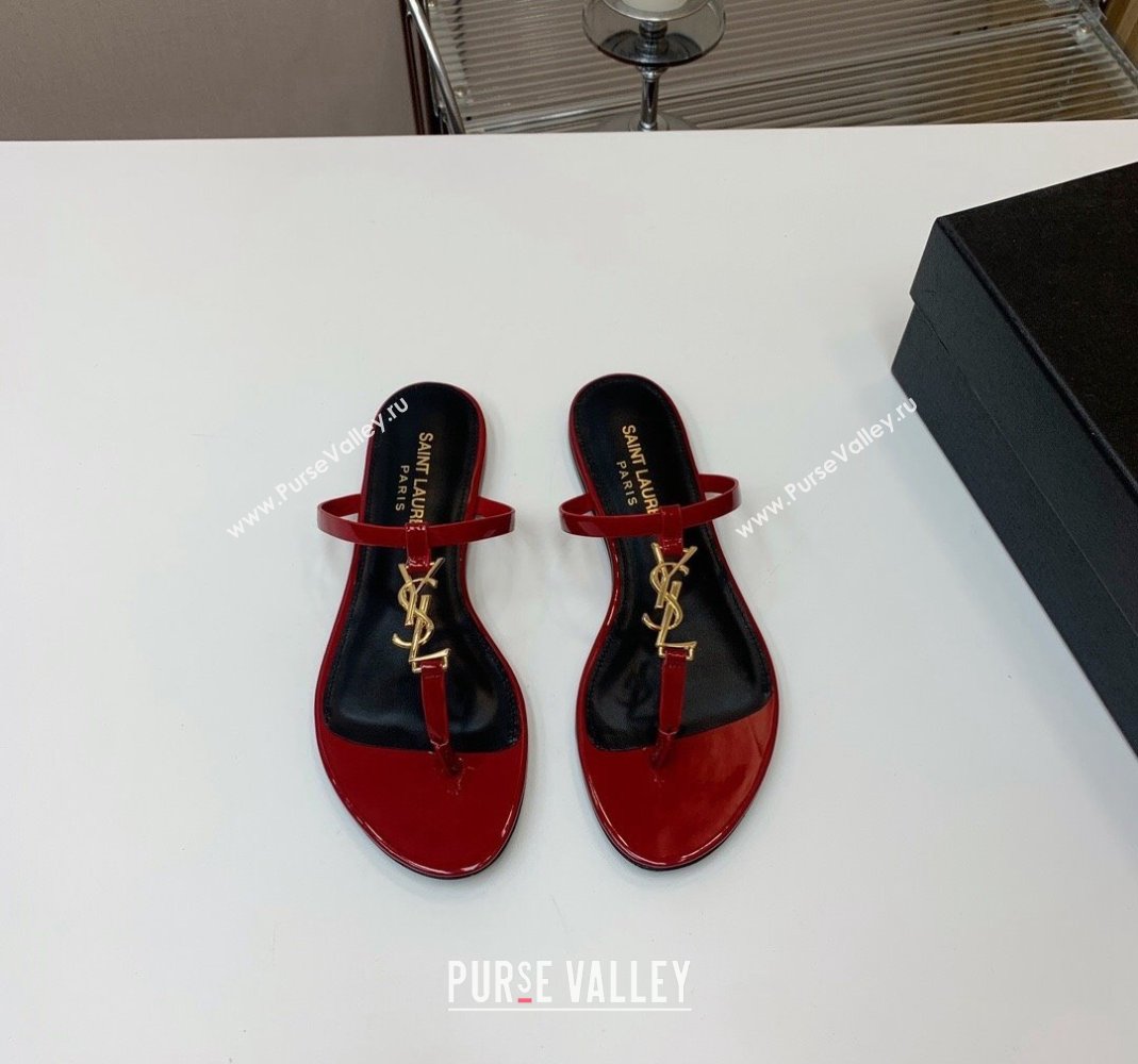 Saint Laurent YSL Flat Thong Slide Sandals in Patent Leather Red 2024 0505 (MD-240506128)