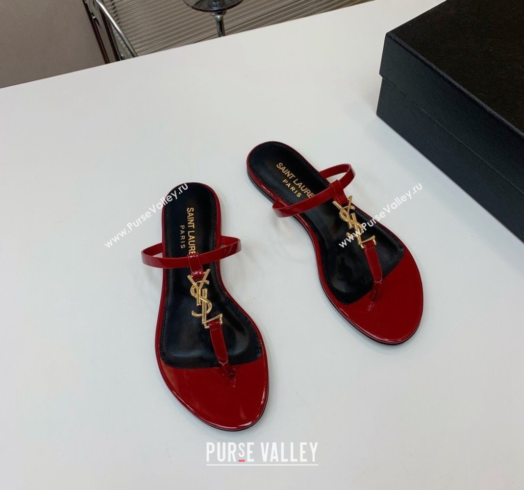 Saint Laurent YSL Flat Thong Slide Sandals in Patent Leather Red 2024 0505 (MD-240506128)