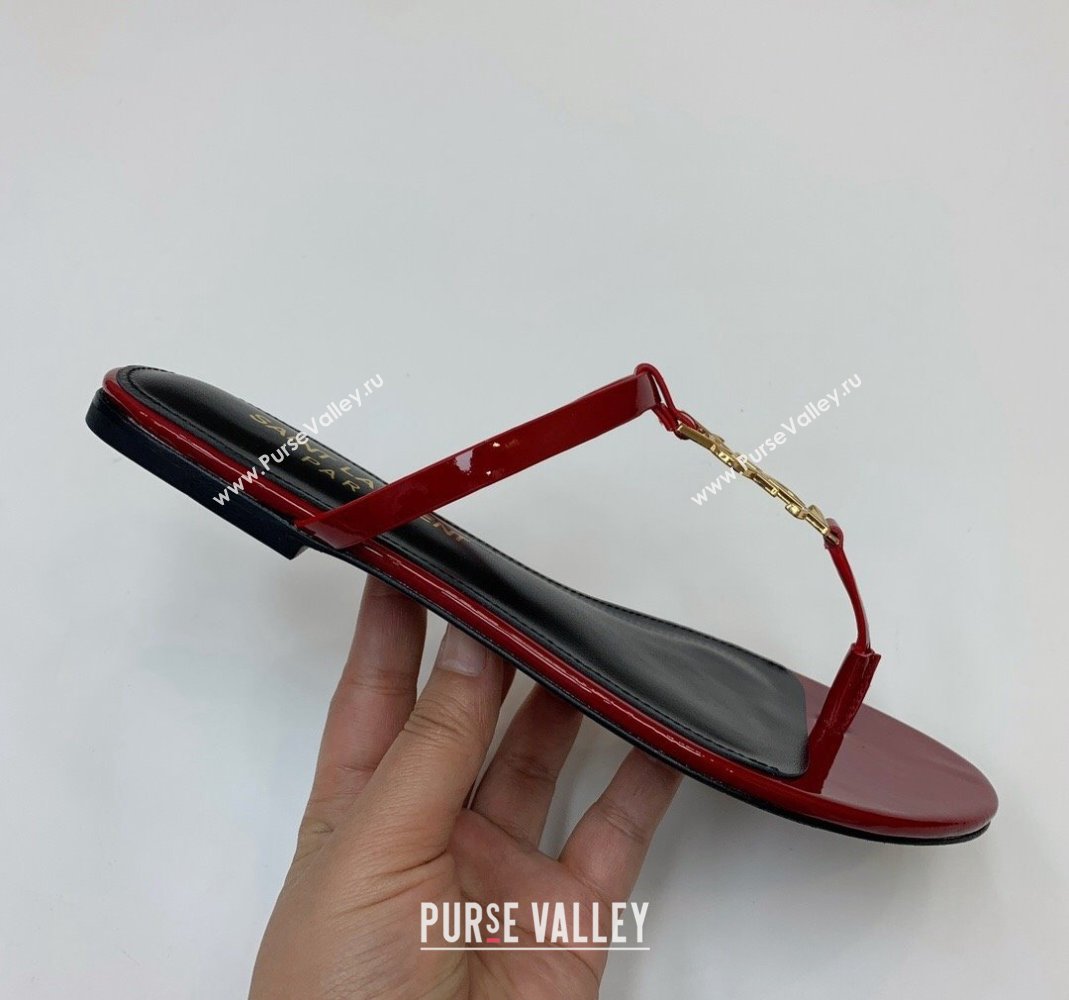 Saint Laurent YSL Flat Thong Slide Sandals in Patent Leather Red 2024 0505 (MD-240506128)