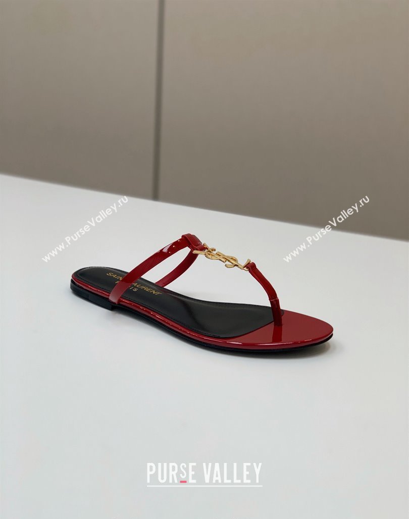 Saint Laurent YSL Flat Thong Slide Sandals in Patent Leather Red 2024 0505 (MD-240506128)