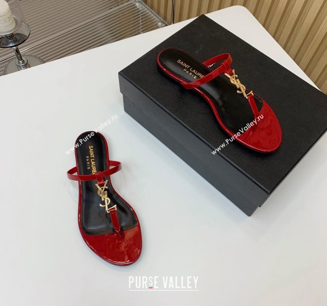 Saint Laurent YSL Flat Thong Slide Sandals in Patent Leather Red 2024 0505 (MD-240506128)