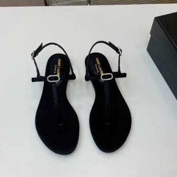 Saint Laurent Satin Flat Thong Sandals with Strass Bow Black 2024 0506 (MD-240506113)