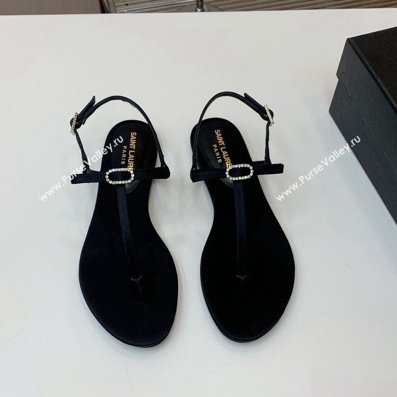 Saint Laurent Satin Flat Thong Sandals with Strass Bow Black 2024 0506 (MD-240506113)