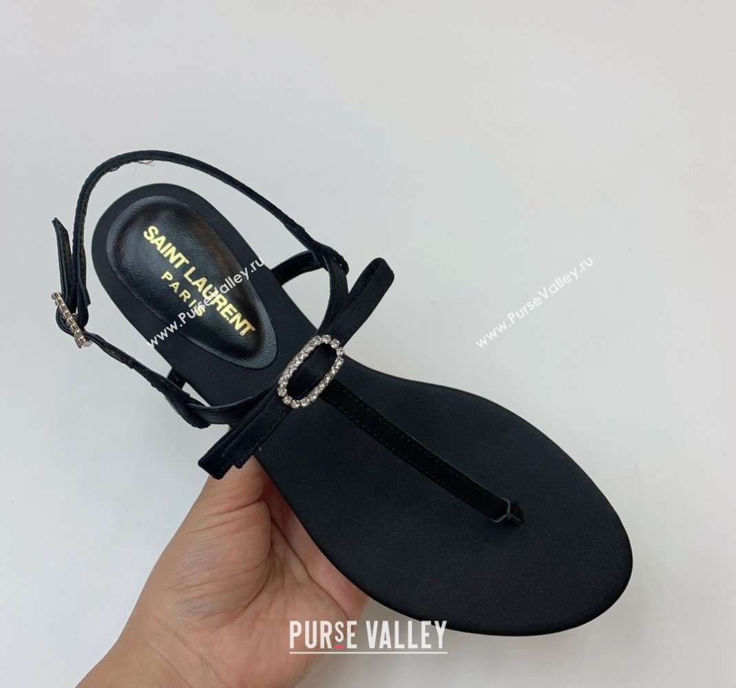 Saint Laurent Satin Flat Thong Sandals with Strass Bow Black 2024 0506 (MD-240506113)