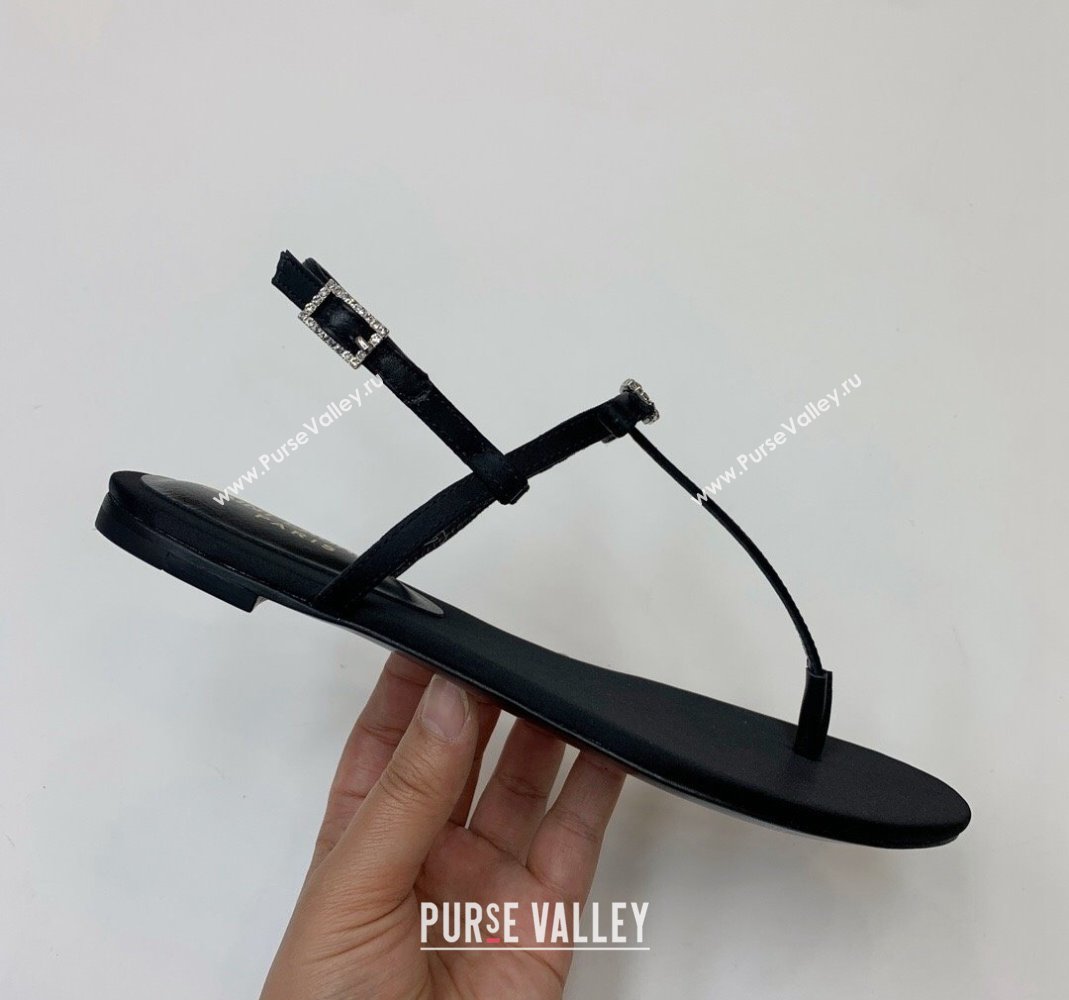 Saint Laurent Satin Flat Thong Sandals with Strass Bow Black 2024 0506 (MD-240506113)