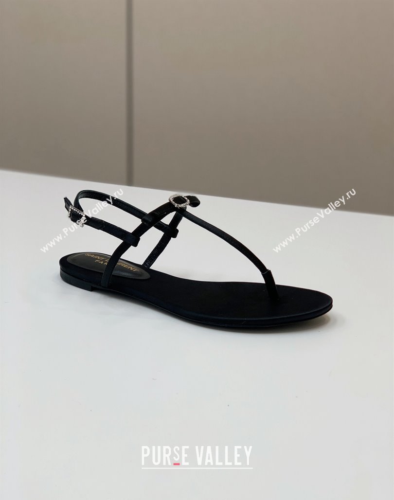 Saint Laurent Satin Flat Thong Sandals with Strass Bow Black 2024 0506 (MD-240506113)