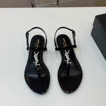 Saint Laurent YSL Flat Thong Sandals in Black Patent Leather with Strass 2024 0506 (MD-240506116)