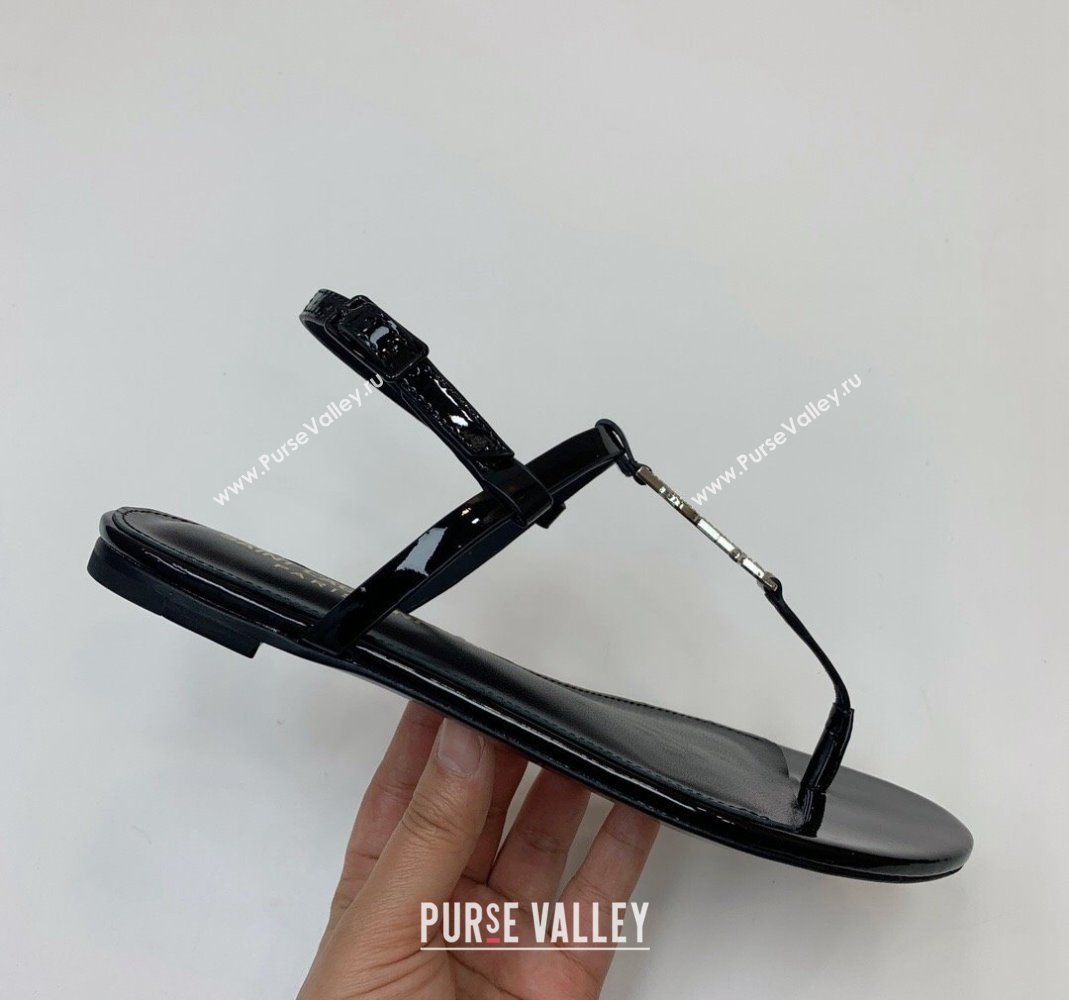 Saint Laurent YSL Flat Thong Sandals in Black Patent Leather with Strass 2024 0506 (MD-240506116)