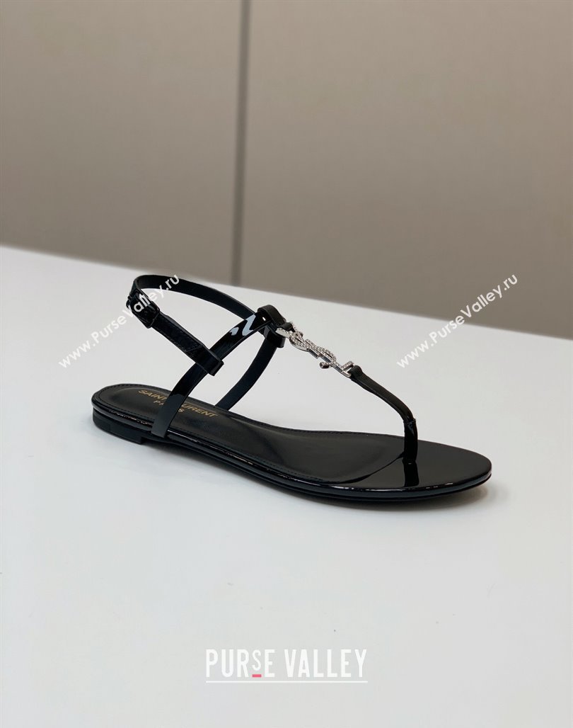 Saint Laurent YSL Flat Thong Sandals in Black Patent Leather with Strass 2024 0506 (MD-240506116)