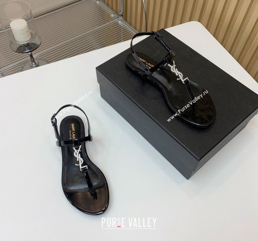 Saint Laurent YSL Flat Thong Sandals in Black Patent Leather with Strass 2024 0506 (MD-240506116)