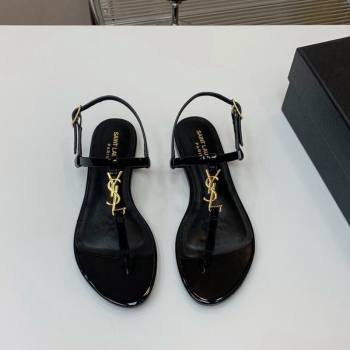 Saint Laurent YSL Flat Thong Sandals in Patent Leather Black/Gold 2024 0506 (MD-240506117)