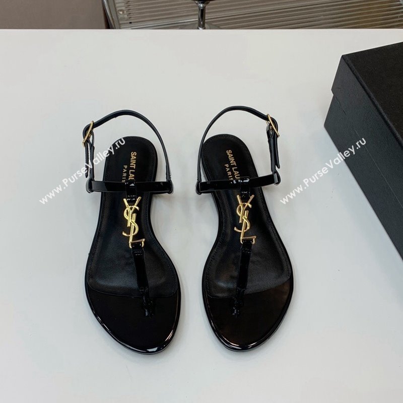 Saint Laurent YSL Flat Thong Sandals in Patent Leather Black/Gold 2024 0506 (MD-240506117)