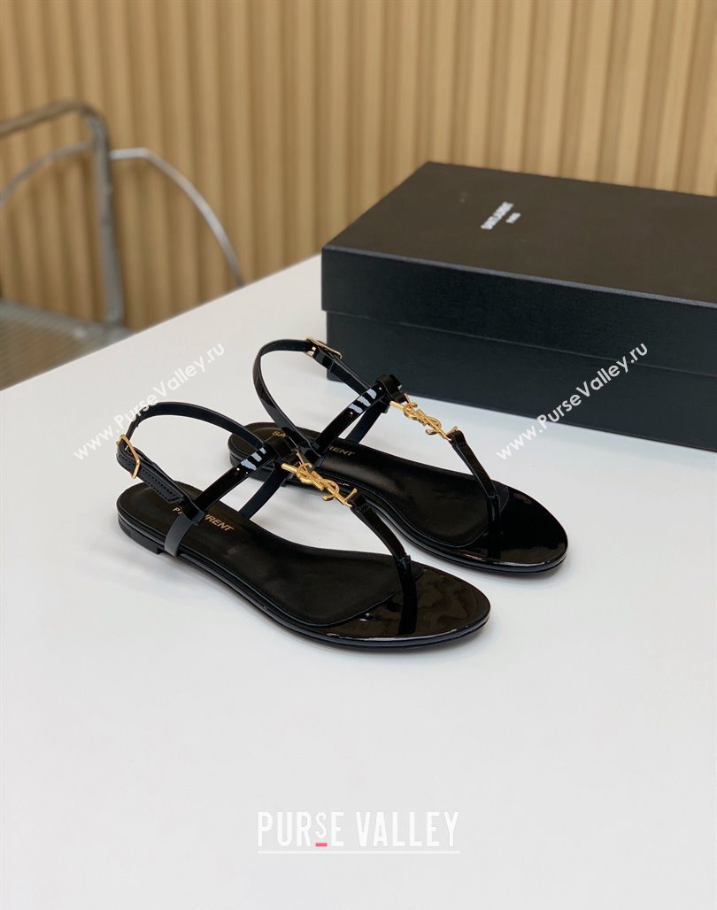 Saint Laurent YSL Flat Thong Sandals in Patent Leather Black/Gold 2024 0506 (MD-240506117)