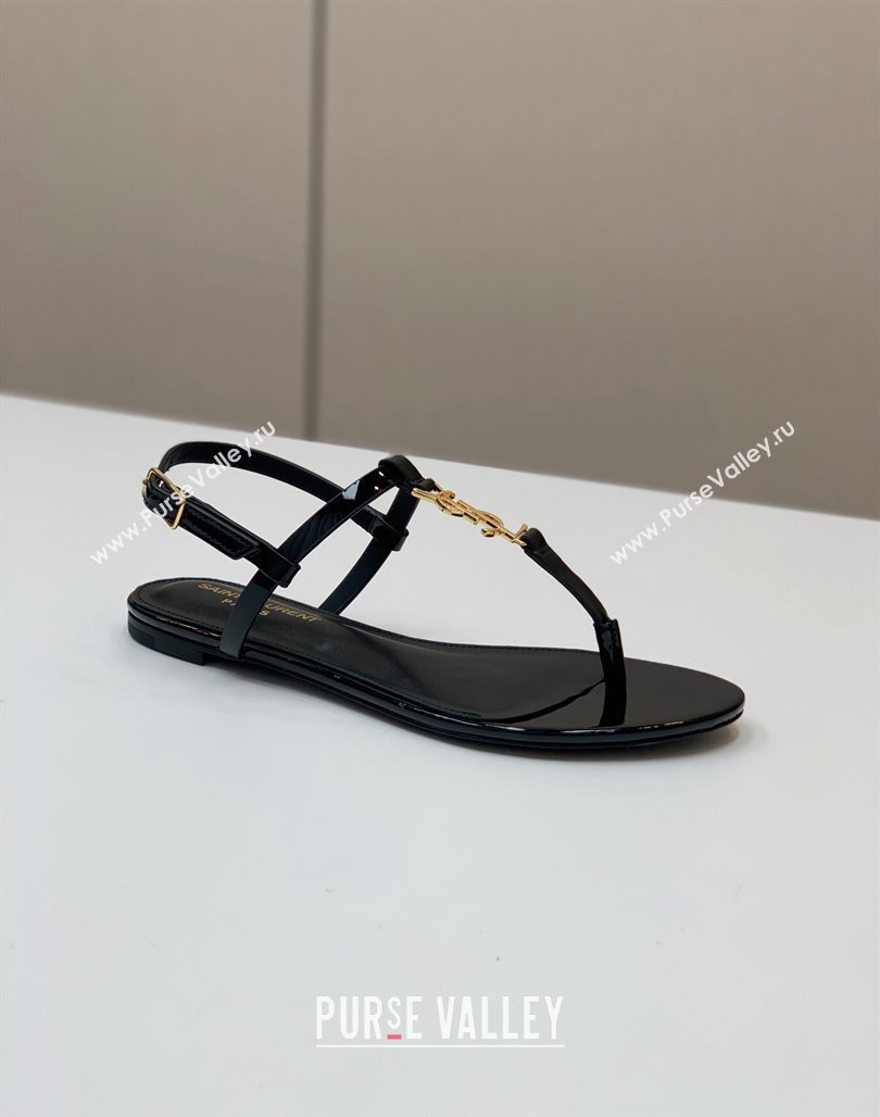 Saint Laurent YSL Flat Thong Sandals in Patent Leather Black/Gold 2024 0506 (MD-240506117)