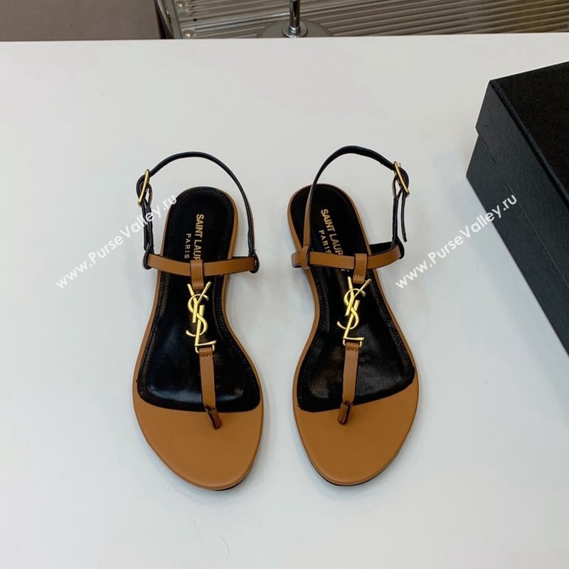 Saint Laurent YSL Flat Thong Sandals in Brown Calf Leather 2024 0506 (MD-240506118)