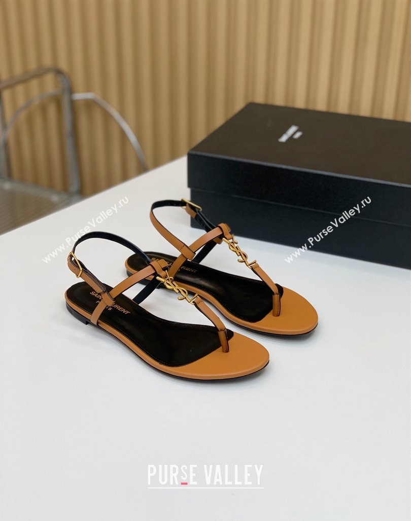 Saint Laurent YSL Flat Thong Sandals in Brown Calf Leather 2024 0506 (MD-240506118)